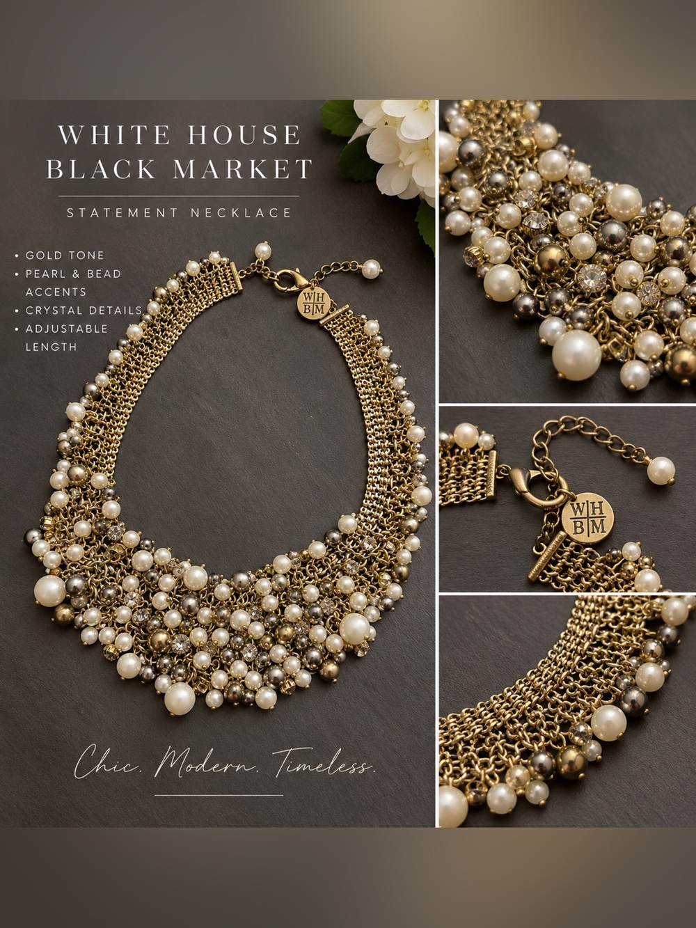 White House Black Market Gold Tone Pearl Cluster Necklace